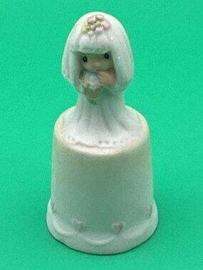 1985 Precious Moments Porcelain Thimble Figurine | Wedding Bride Miniature